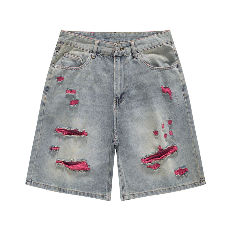 Cross-border high street style pink lined denim shorts, distressed washed ripped men's denim shorts, direct from the factory Cross-border high street style pink lined denim shorts, distressed washed ripped men's denim shorts, direct from the factory