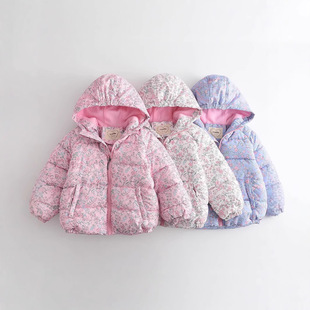 Foreign Trade Cross-Border Girls' Cotton-Padded Clothes 2025 New Small and Medium-Sized Kidsren's Winter Short Kidsren's Cotton-Padded Clothes for Girls with Printed Flower Cotton-Padded Clothes