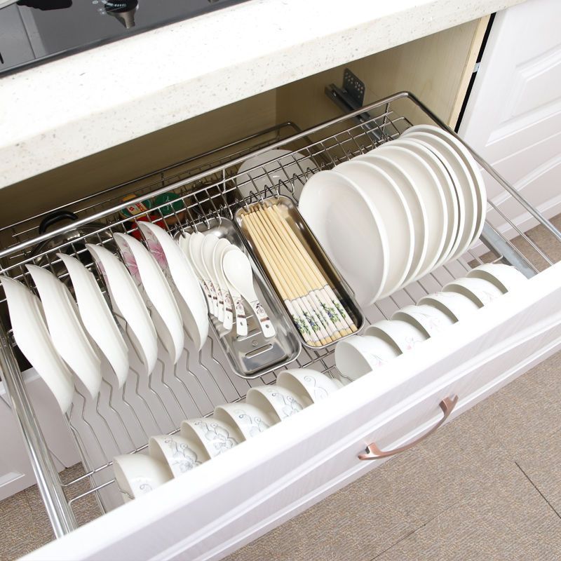 Cesta de tiro 304 Gabinete de amortiguación de amortiguación sólida de acero inoxidable Cajón azul Rack de tazón Platos de doble capa Tazón de cocina Cesta de tiro