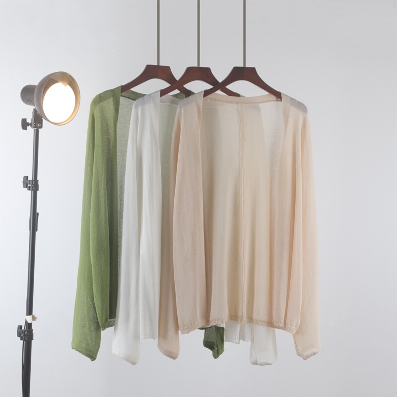 Solid Color Sun Protection Mid-length Imitation Linen Knitted Sweater Women's Cardigan All-match Long-sleeved Loose Thin Shawl Jacket