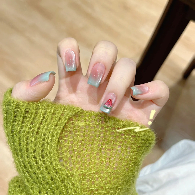 Purely Handmade Wearable Nails for Summer, Cool Watermelon Vitality, Fresh, Whitening, Cute, Simple, Niche Manicure, Removable