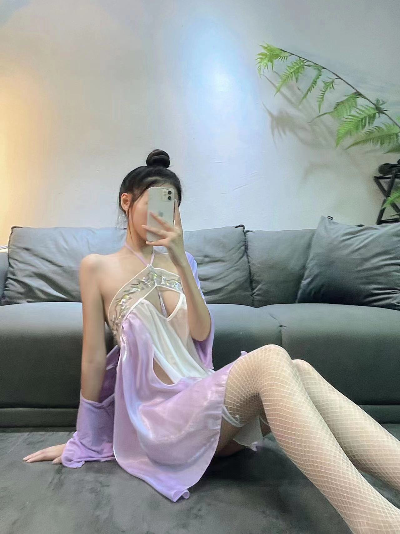 Maid Roleplay Costume Set with Halter Hanfu Top, Chiffon Fabric, Purple Three-piece — detail image 6