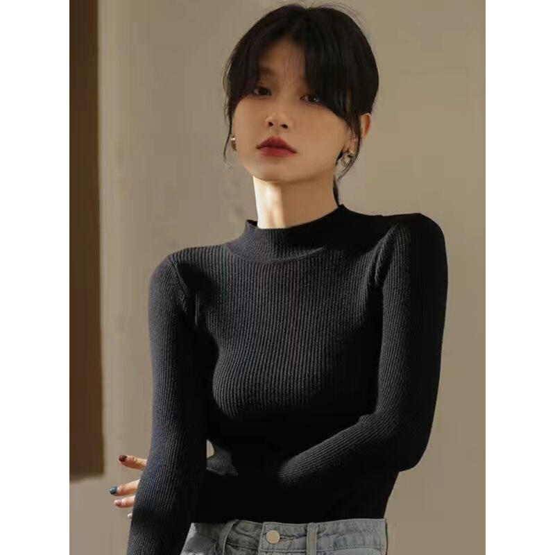 Korean Style Black Half Turtleneck Knitwear for Women 2025 Autumn and Winter New Bottoming Knitwear with Slim Knitted Knitwear Top for Outer Wear