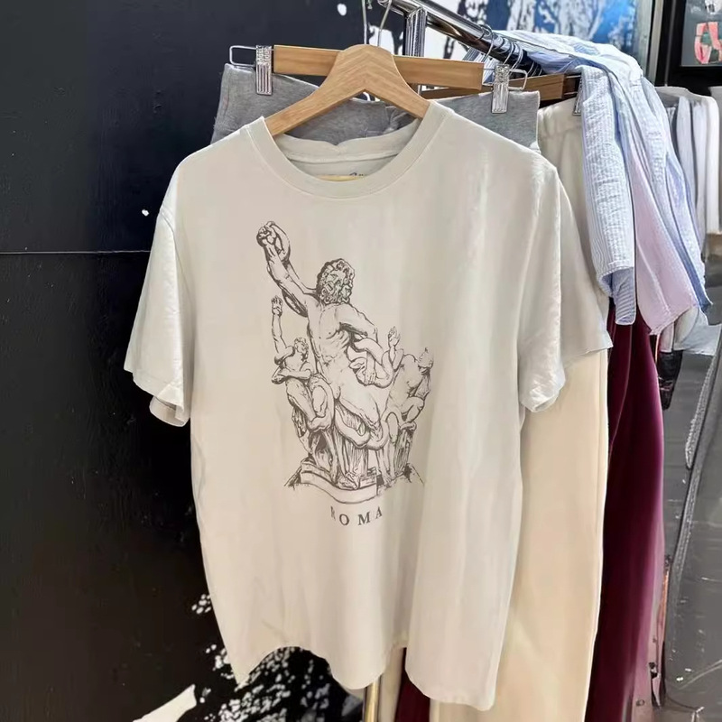 bm Style American Loose Cement White roma Printed Women's Short-sleeved T-shirt bm Large Version Round Neck Versatile Boyfriend Style Top