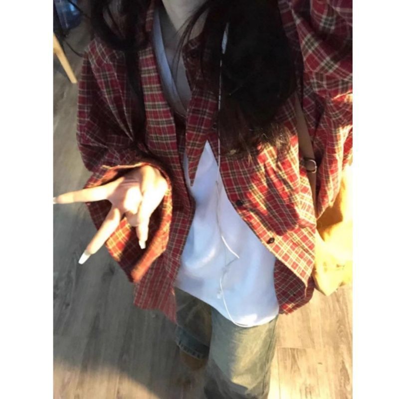 磨毛衬衫女秋冬款格子宽松休闲长袖上衣加厚衬衣外套开衫|undefined