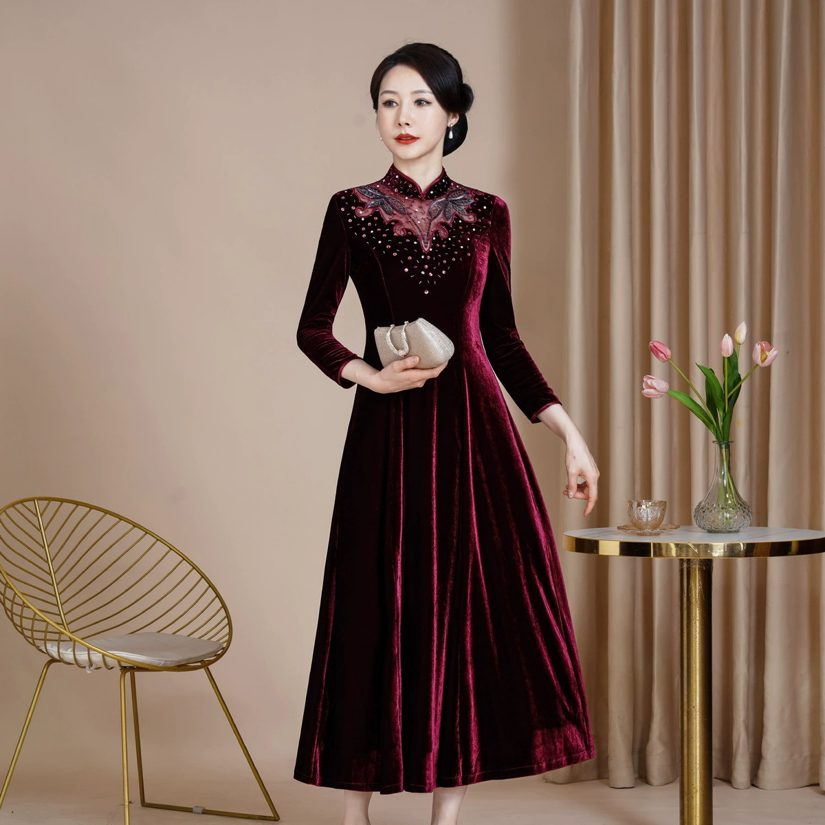 2024 новая длинная юбка с большим маятником улучшенная бархатная юбка чонсам