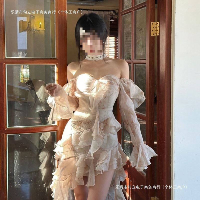 奶油玫瑰晕染不规则连衣裙女2025秋季新款荷叶边礼服拖尾长裙|undefined