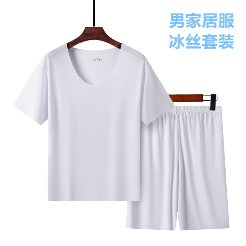 男士無痕冰絲短袖+短褲套裝絲滑Q彈圓領睡衣睡褲五分褲春夏家居服