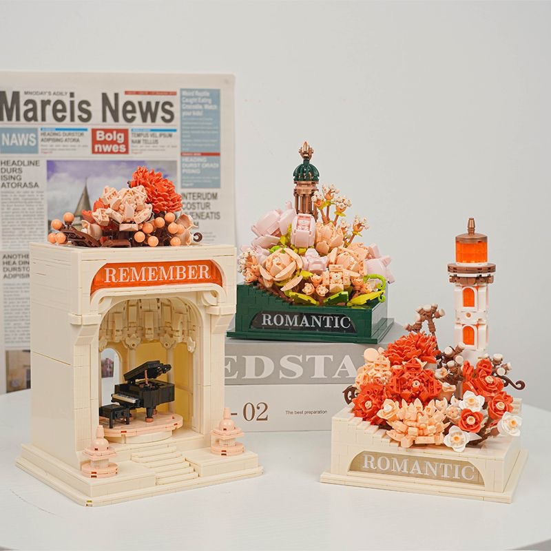 Compatible con bloques de construcción LEGO amor marca romántica flor eterna faro decoración rompecabezas montado juguete chica regalo