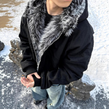 EME 16oz剪裁帆布座山雕仿兔毛通身冬季保暖廓形加绒夹克外套男女