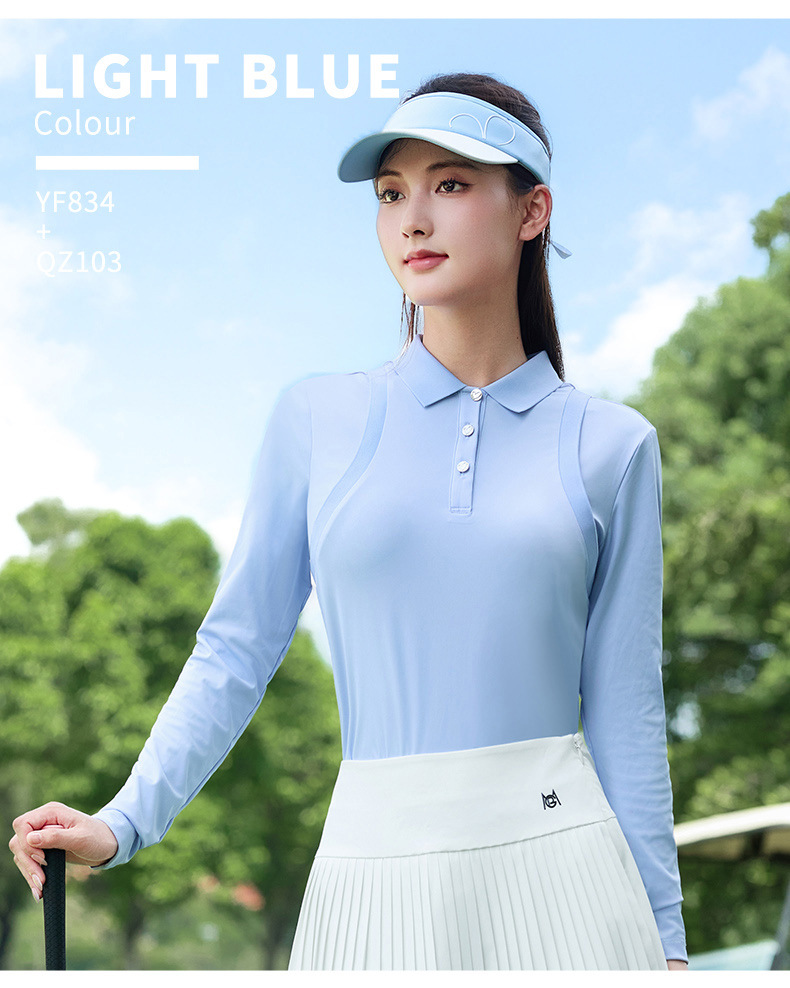 Áo polo dài tay nữ golf phối giả hai mảnh, chất vải co giãn thoáng khí — Tay áo dài màu trắng [nút tình yêu/vải co giãn/thoáng khí và thấm mồ hôi] YF834 chi tiết 11