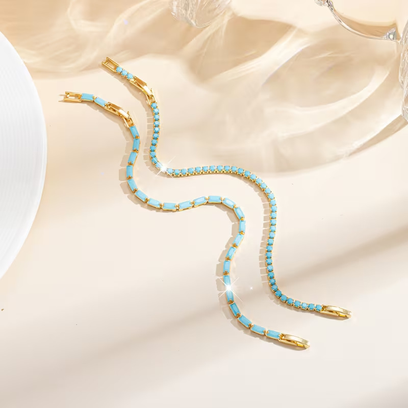 2026 European and American cross-border turquoise and lapis lazuli full-pave diamond claw chain tennis bracelet with gold and silver base, trendy minimalist style 2026 European and American cross-border turquoise and lapis lazuli full-pave diamond claw chain tennis bracelet with gold and silver base, trendy minimalist style