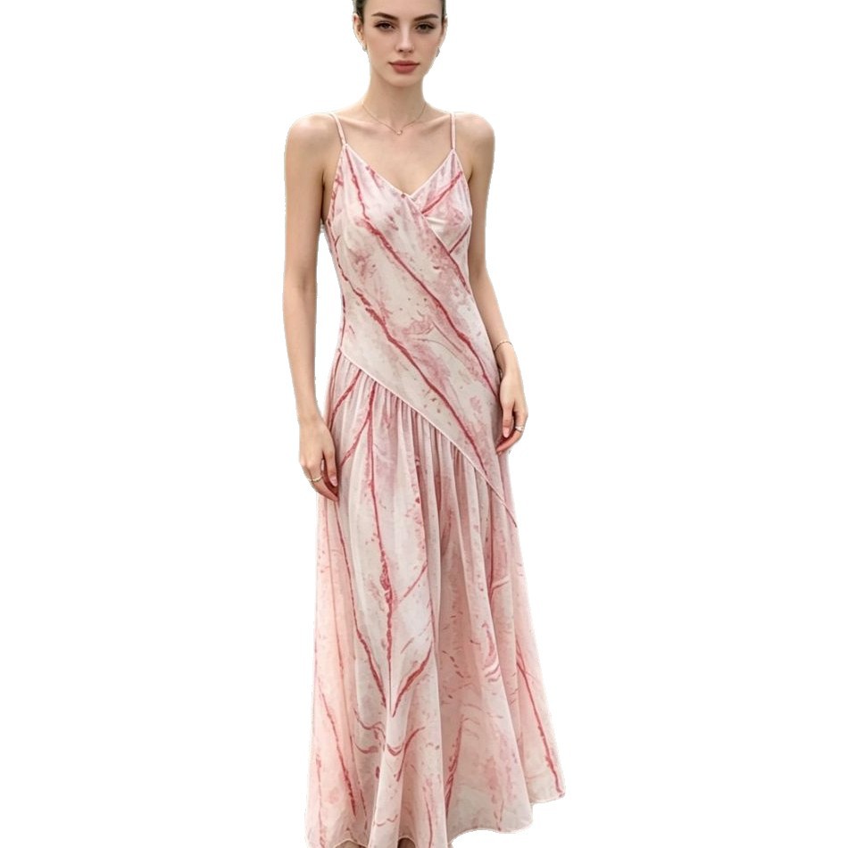 Women's Pink Ombre Stripe Print Halter Maxi Dress – French Resort Elegant Summer Gown_ecoleips.com