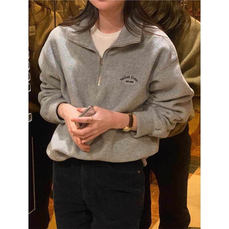 Fleece-Like Sweatshirt 2025 Autumn Korean Dongdaemun Embroidered Letter Half-Zip Lapel Top