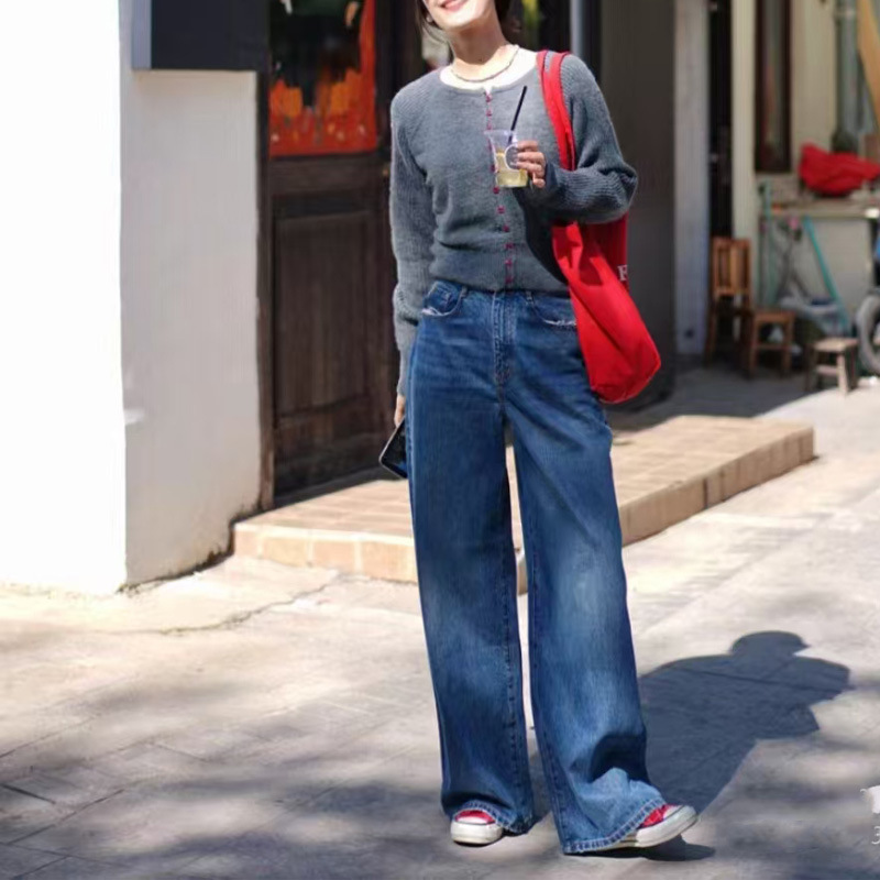 Daily wear ~ texture Denim Turkey imported fabric casual high waist wide legs slim denim blue straight cow