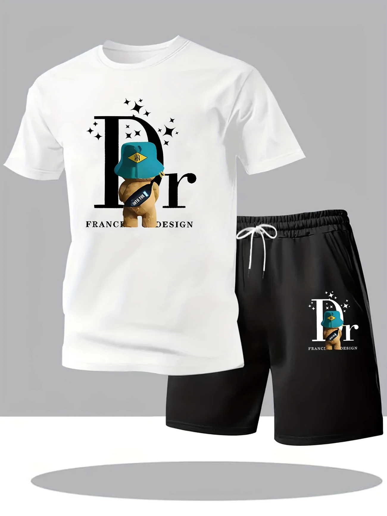 Men's Casual Fashion Set T-Shirt Short Sleeved Shirt Shorts Plant Mesh Two Piece Trendy Simple Clothing_viptrois.com