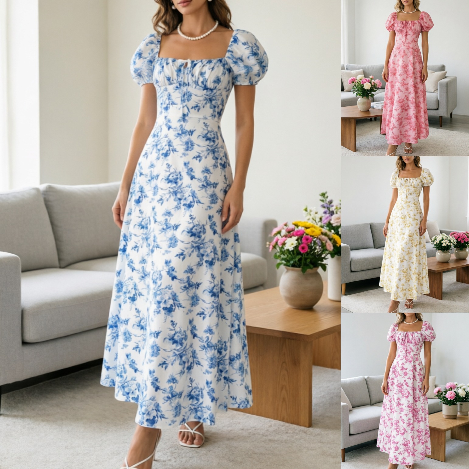 Women's Floral Print Short Sleeve Bodycon Flared Maxi Dress – Slim Fit Casual Summer Gown_ecoleips.com