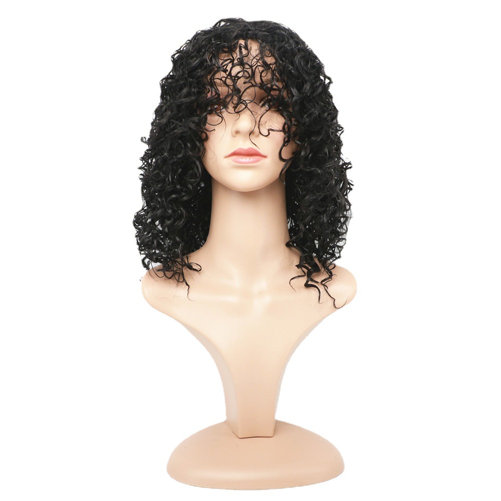 Synthetische Perücke, chemische Faser, mittellang, Damenmode-Perücke, flauschiger und explosiver Kopf, kleine Haare, Pony, kurze lockige Haarabdeckung_voghion.com