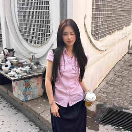 粉色条纹短袖衬衫女夏季设计感独特漂亮掐腰小衫短款上衣百搭衬衣