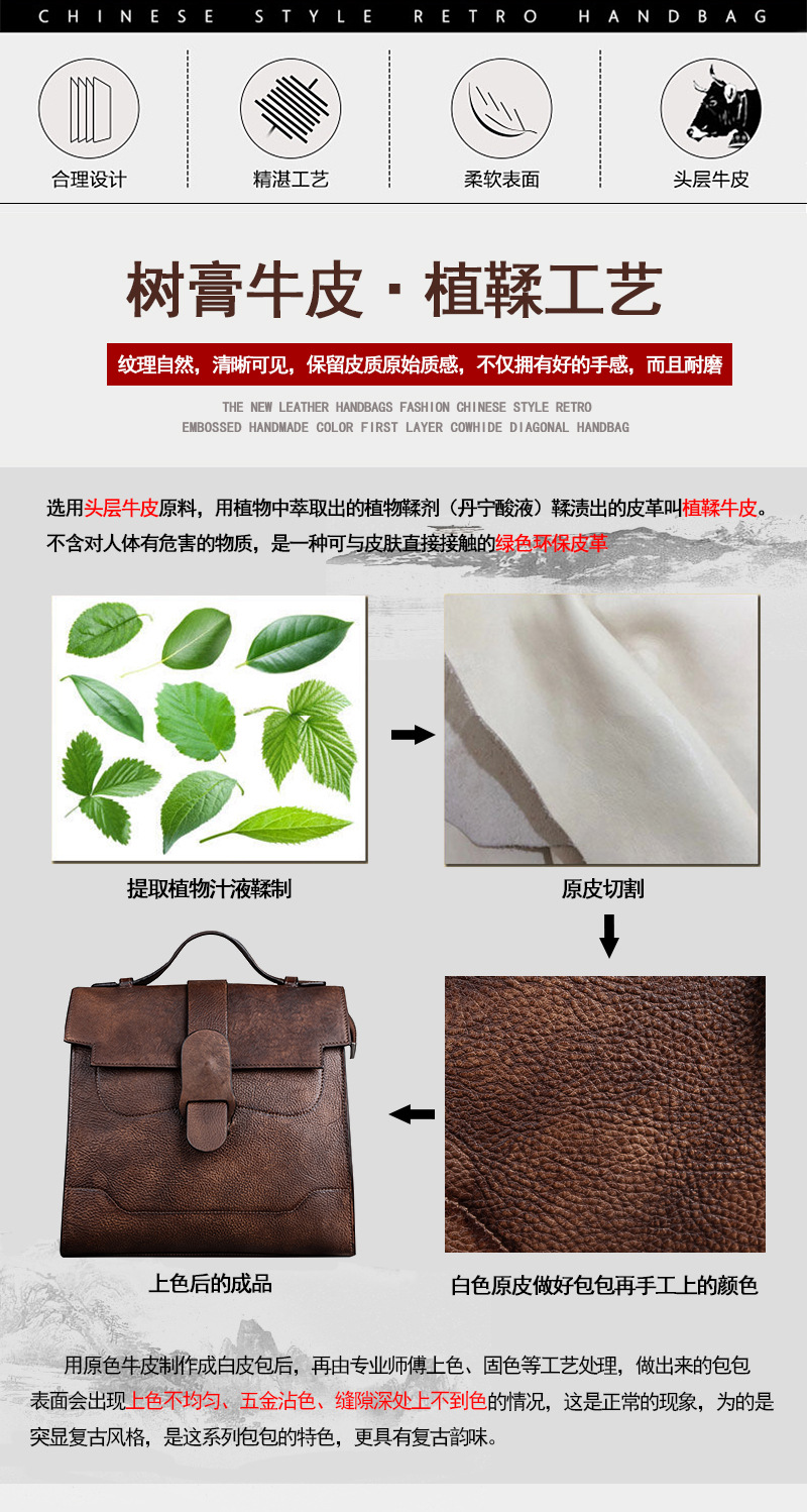 Túi đeo chéo nữ cổ điển bằng da bò thật, thiết kế một quai phong cách thời trang — Vàng cổ điển, Xám cổ điển, Đỏ cổ điển, Nâu cổ điển chi tiết 5