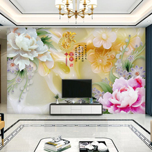 中式客厅3d无纺布电视背景墙壁画玉雕影视墙家和富贵5D立体牡丹花