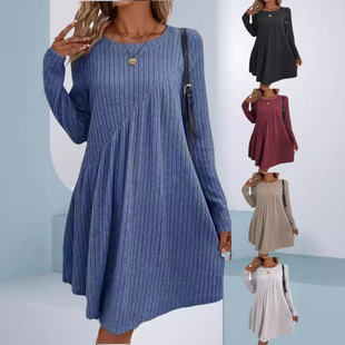 2025 Amazon Independent Station Autumn and Winter Bohemian Irregular Brushed Pit Solid Color Dress Women's Clothing
