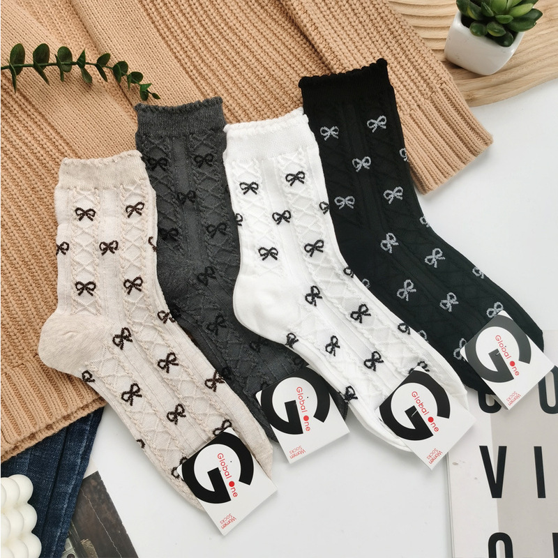[In Stock] Bow-knot lace mesh breathable thin socks, Korean women's casual cotton socks, Dongdaemun autumn new style