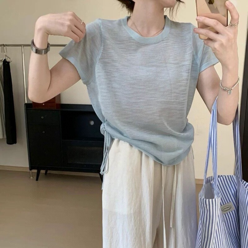 Korean Style Simple Versatile Thin T-Shirt with Drawstring, Round Neck, Short Sleeves, Women's Top, Summer Design, Youthful and Beautiful Knitwear