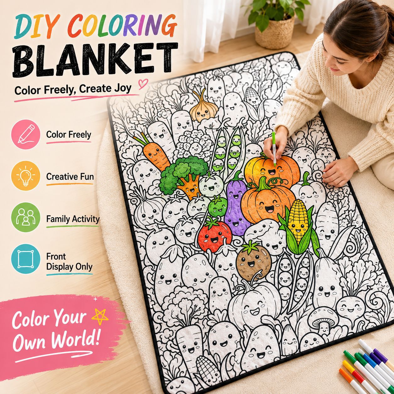 跨境DIY coloring blanket趣味涂鸦毛毯礼物毯手绘涂色上色毯子