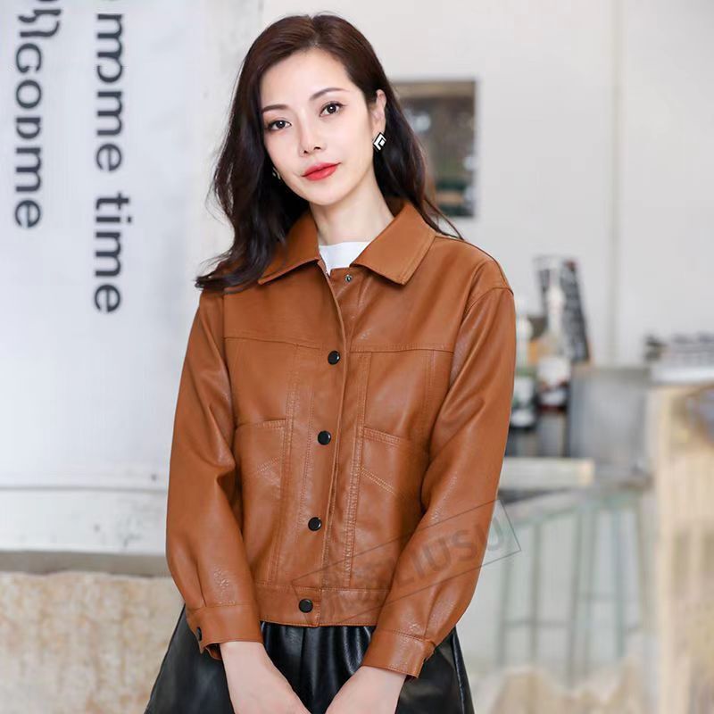 2024 New Haining Leather Short Women's Coat Locomotive Spring and Autumn Thin Slimming Loose High-end Sense Leather Jacket