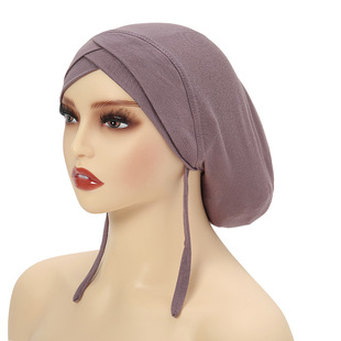 2023 new style back lace-up female adult headscarf cap Four Seasons solid color cross-border daily all-match pullover cap mu