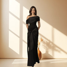 YJ23706一字肩2025新款连衣裙高开叉气质欧美风礼服时尚修身性感