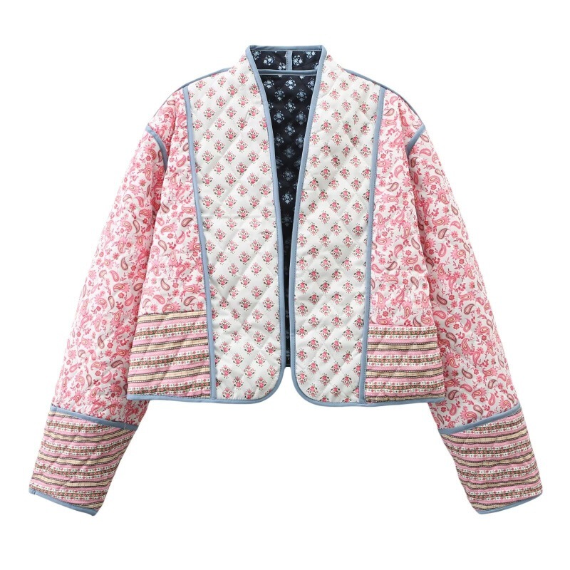 24 cross-border autumn and winter new printed quilted cotton coat cardigan color matching small cotton-padded coat cotton-padded coat
