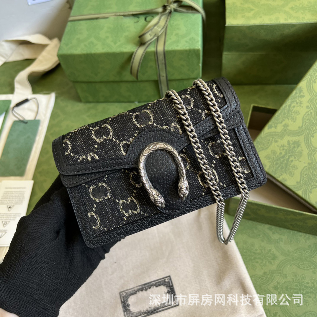 Gucci Dionysus Denim Mini Kvadrat Çanta - Qara, Zəncirli
