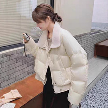 2025新款羊羔毛拼接翻领羽绒服外套女冬季短款白鸭绒加厚上衣