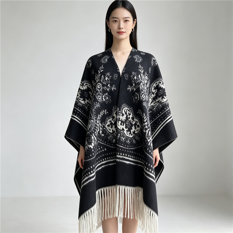 Foreign trade autumn and winter paisley ink painting imitation cashmere feel non-shedding shawl warm cape coat cross-border in stock