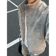 灰色扎染PU皮衣外套男秋季防风短款棒球服cleanfit立领飞行员夹克