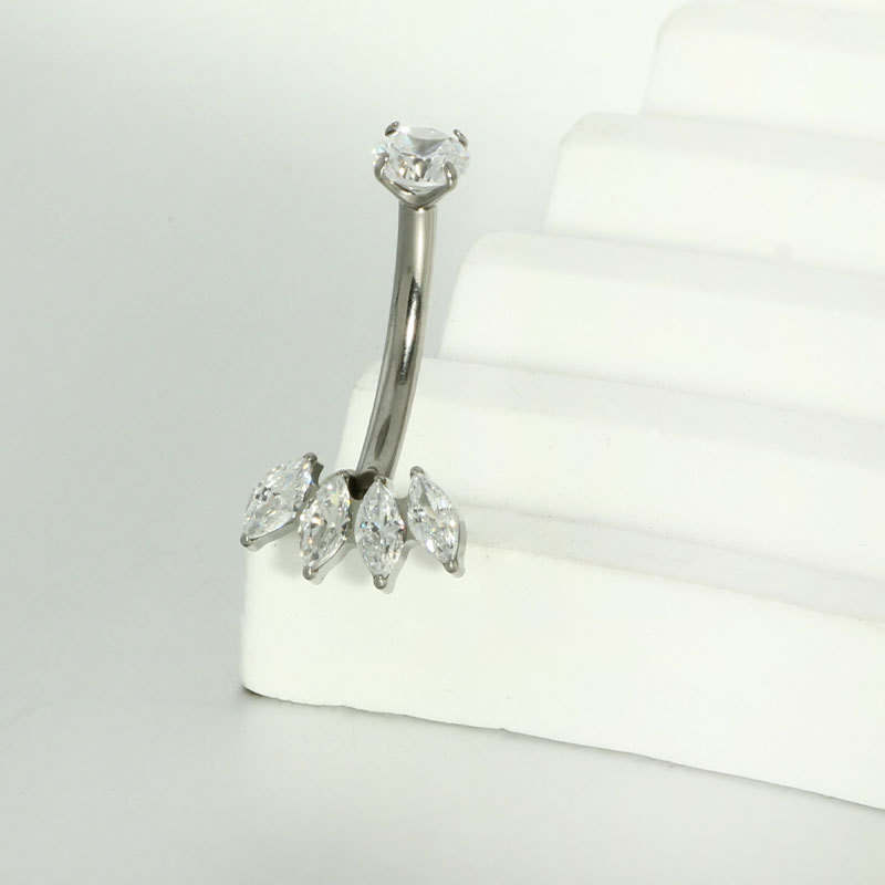 F136 Titanium Navel Ring with Four Marquise Zircon Stones, Internal Thread 14g Belly Button Ring, G23 Titanium Piercing Jewelry detail image 9