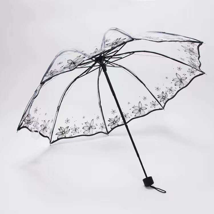Transparent Summer Flower Folding Umbrella Three-fold Apollo Cherry Blossom Umbrella 8K Extra-large Thickened Internet Red Day Manual Umbrella