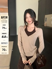 宋正恩韩系挂脖假两件长袖T恤女秋季2025超好看内搭打底衫小上衣