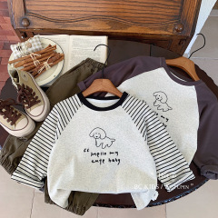子供 Tシャツ Bangcheng 2025 秋の新ボーイズストライプ長袖ボトリングシャツラグランスリーブカジュアルトップ G0365