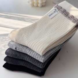 ASp31 Ｍ女款小花边羊绒袜女ins日系百搭中筒袜粉棕色系无骨棉