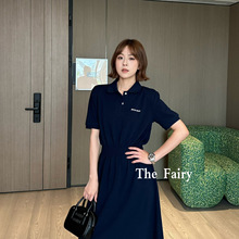 mi u 新色系翻领刺绣休闲连衣裙女25夏季七月新款松紧腰polo短袖