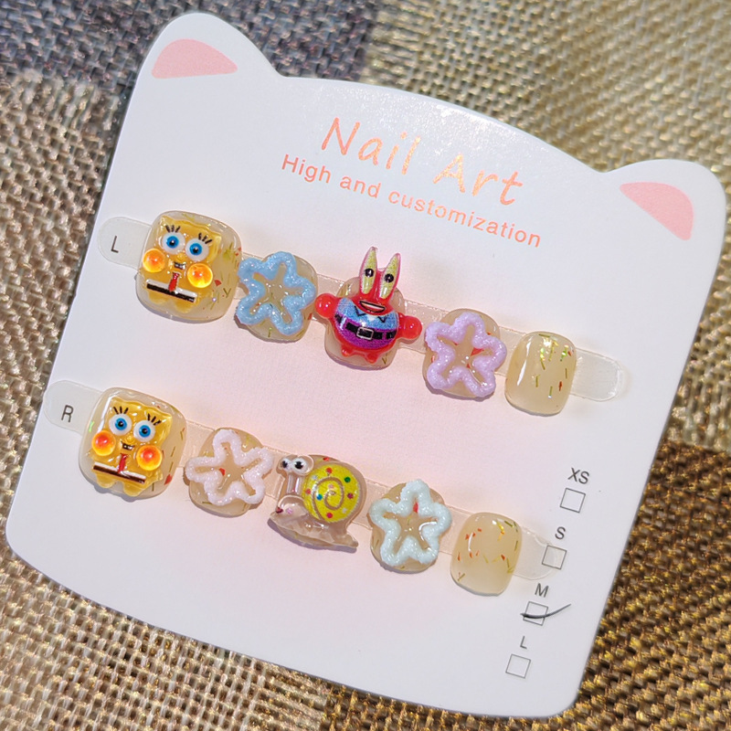 Handmade children's press-on nails, cartoon SpongeBob nail art, nail stickers for kids aged 3-6-10 years old Handmade children's press-on nails, cartoon SpongeBob nail art, nail stickers for kids aged 3-6-10 years old