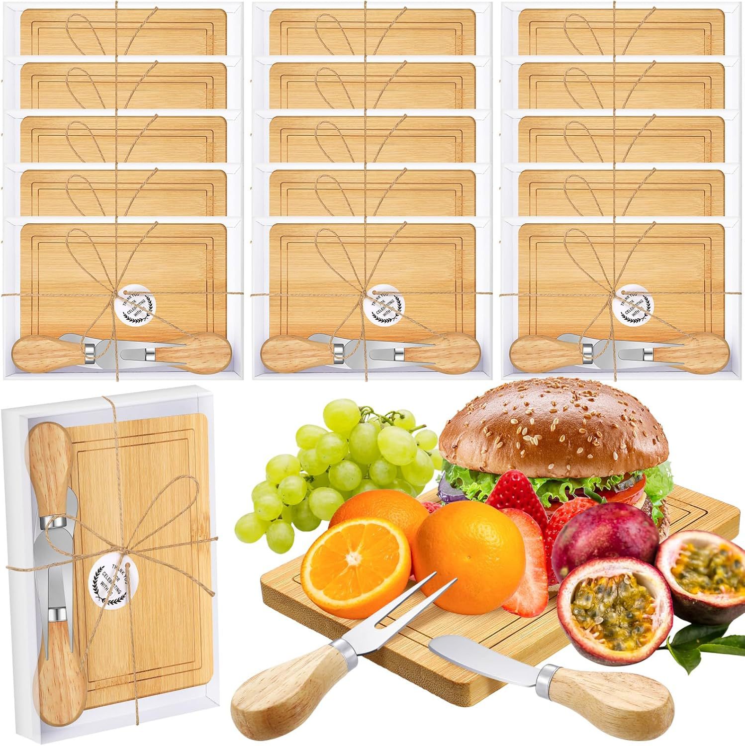 Caja de regalo de mano Mini juego de tabla de cortar de bambú Juego de cuchillo de queso Juego cuadrado Boda en caja Banquete de cumpleaños Tablero de bambú