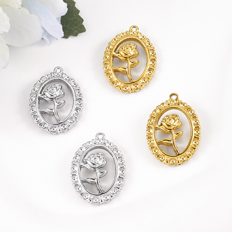 Three-Dimensional Rose Valley Oval Pendant Stainless Steel DIY Jewelry Accessories Necklace Bracelet Fashion Pendant Personalized Accessories