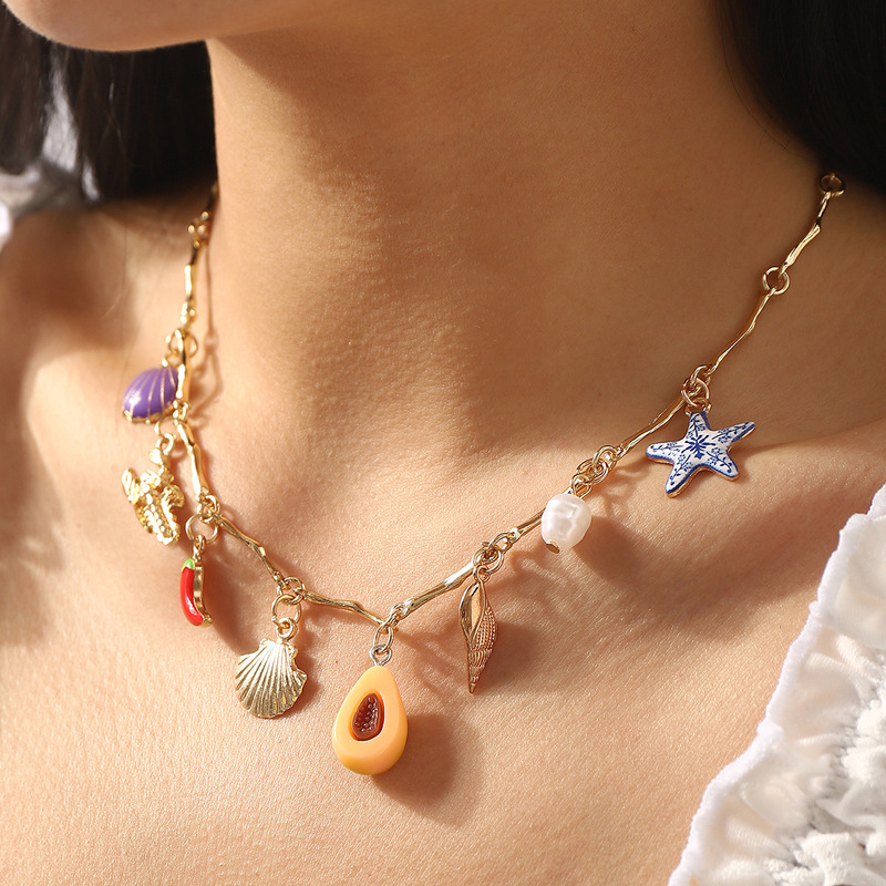 N12759 ボヘミアンオーシャンスタイルビーズマルチエレメントペンダントネックレス ZA サンラブアボカド鎖骨チェーン|undefined