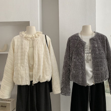 欧玛莱 轻薄圆领丝绒棉衣女冬季新款高级感保暖夹棉外套上衣 5648