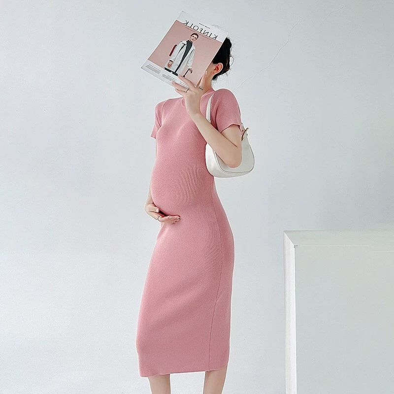 Летнее платье для беременных, Элегантное трикотажное платье из ледяного шелка, эластичное однотонное простое миди, юбка с короткими рукавами для похудения