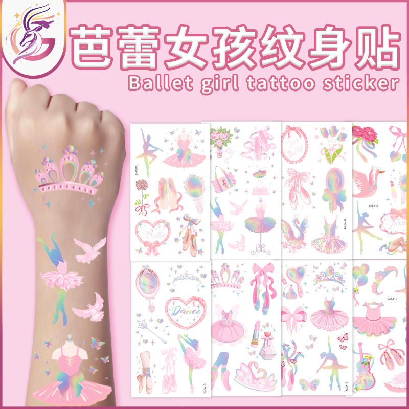 Ballet Girl Tattoo Sticker Girly Heart Pink Tutu White Swan Crown Children's Decorative Temporary Tattoo